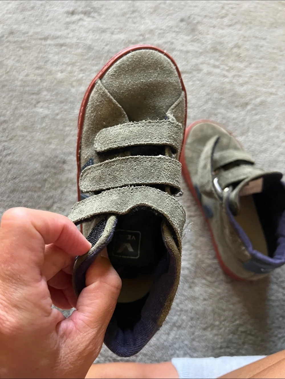 Veja Kids Olive Suede Sneakers with brown Sole and Navy Trim